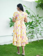 Rayon Yellow Floral Print Maxi Frock with Back Tie - Mangai Nighties