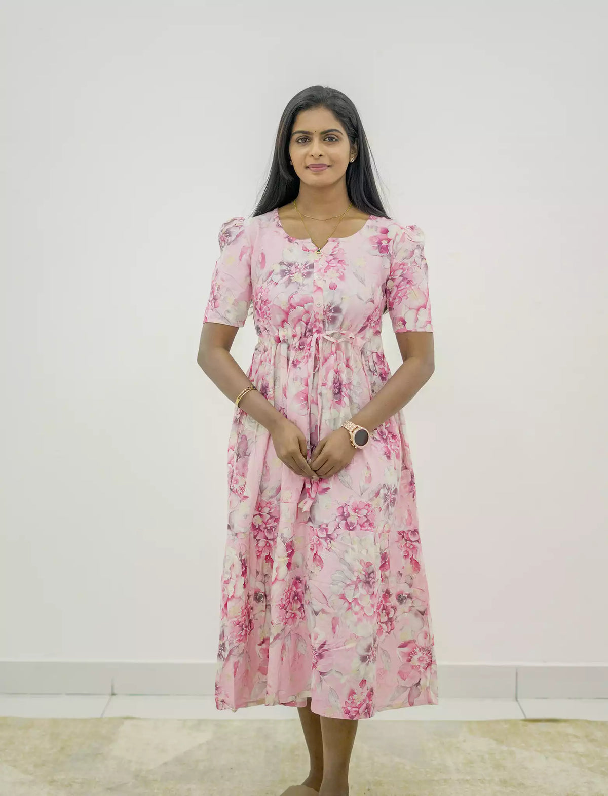 Rayon Floral Puff Sleeve Maxi Frock with Gathering Front Tie | Mangai Nighties