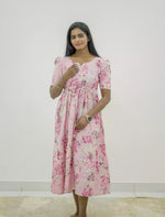 Rayon Floral Puff Sleeve Maxi Frock with Gathering Front Tie | Mangai Nighties