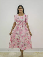 Rayon Floral Puff Sleeve Maxi Frock with Gathering Front Tie | Mangai Nighties