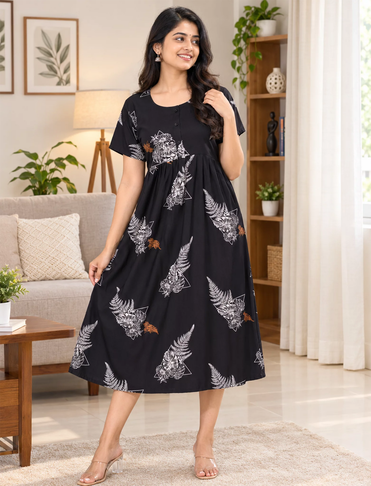 Floral Printed Regular Sleeve Button Front Maxi with Pocket | Mangai Nighties