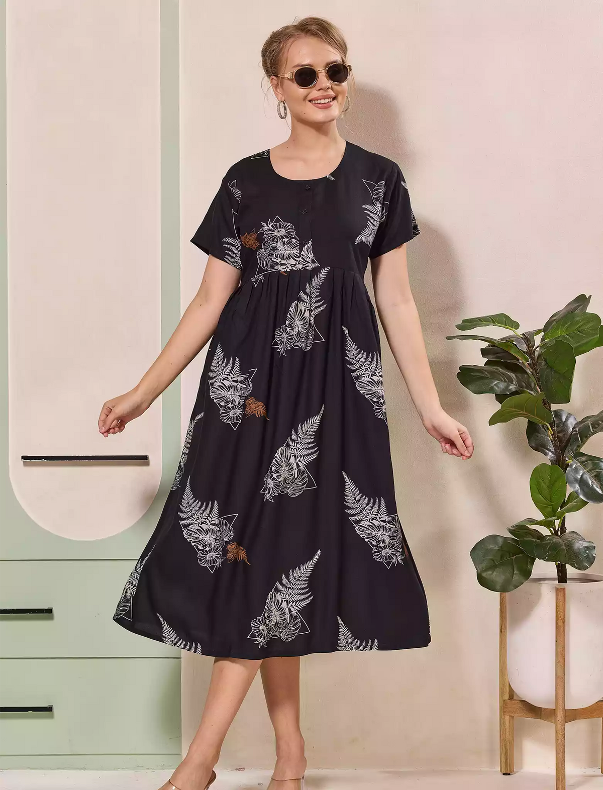 Floral Printed Regular Sleeve Button Front Maxi with Pocket | Mangai Nighties