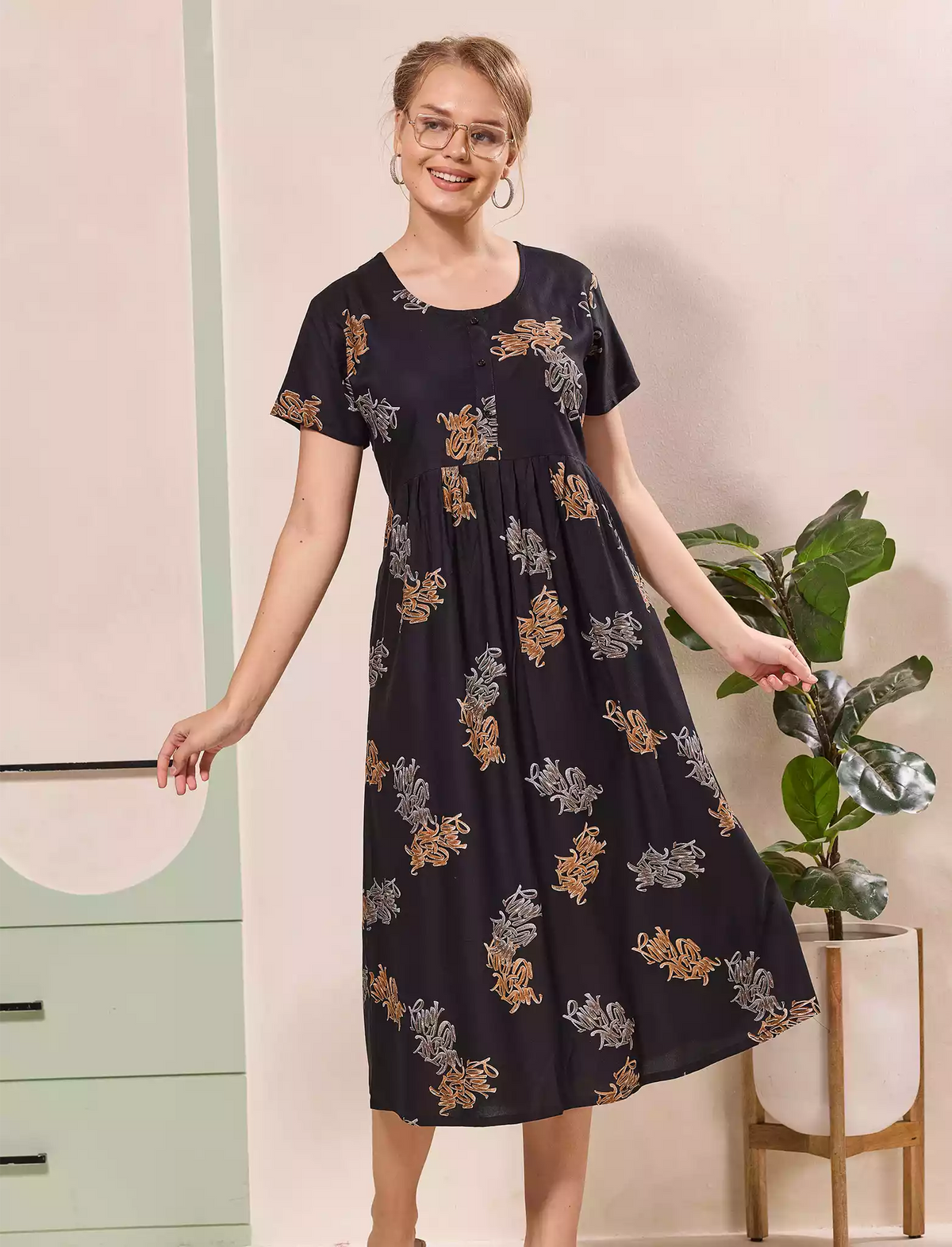 Floral Motif Print Half Sleeve Floral Maxi Button Style | Mangai Nighties
