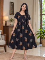 Floral Motif Print Half Sleeve Floral Maxi Button Style | Mangai Nighties