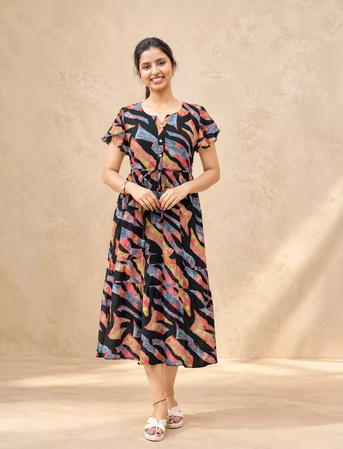 Rayon Abstract Foil Print Double Layer Sleeve Maxi | Mangai Nighties