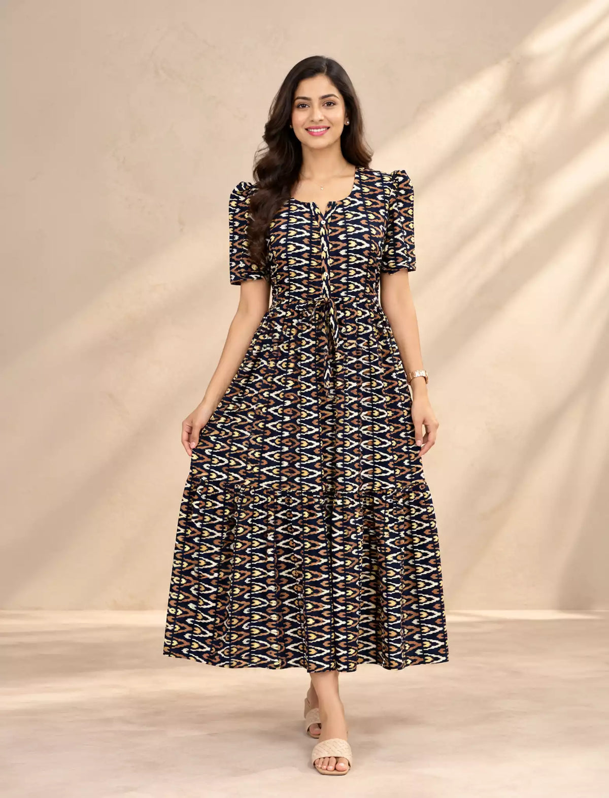 Rayon Foil Print Puff Sleeve Front Tie Gathering Maxi Frock | Mangai Nighties