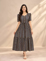 Rayon Foil Print Puff Sleeve Front Tie Gathering Maxi Frock | Mangai Nighties