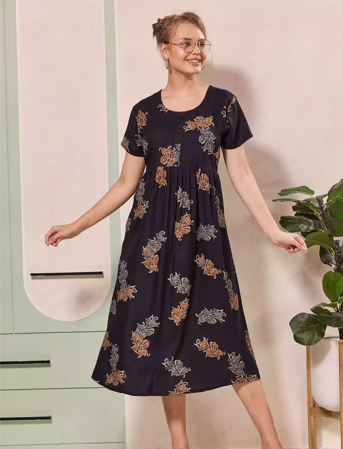 Floral Motif Print Half Sleeve Floral Maxi Button Style | Mangai Nighties