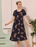 Floral Motif Print Half Sleeve Floral Maxi Button Style | Mangai Nighties