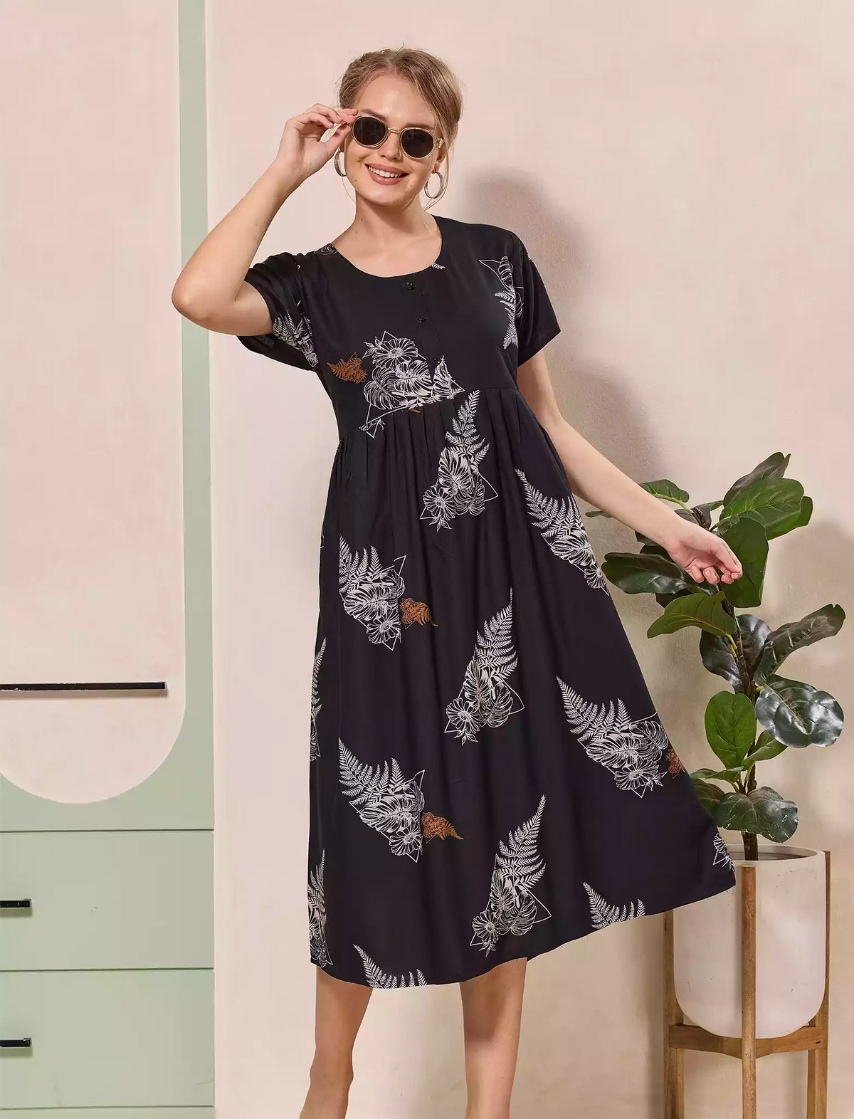Floral Printed Regular Sleeve Button Front Maxi with Pocket | Mangai Nighties