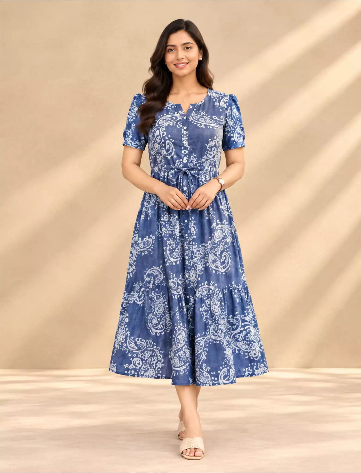 Rayon Paisley Print Puff Sleeve Gathering Maxi Frock with Side Pocket | Mangai Nighties