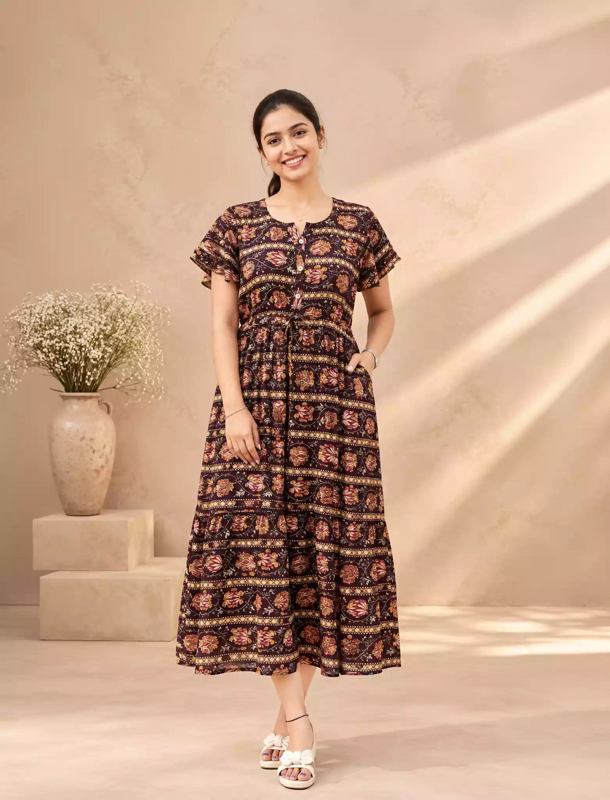 Rayon Foil Print Double Layer Sleeve Maxi Frock | Mangai Nighties