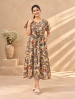 Rayon Floral Foil Print Double Layer Sleeve Maxi with Side Pocket | Mangai Nighties