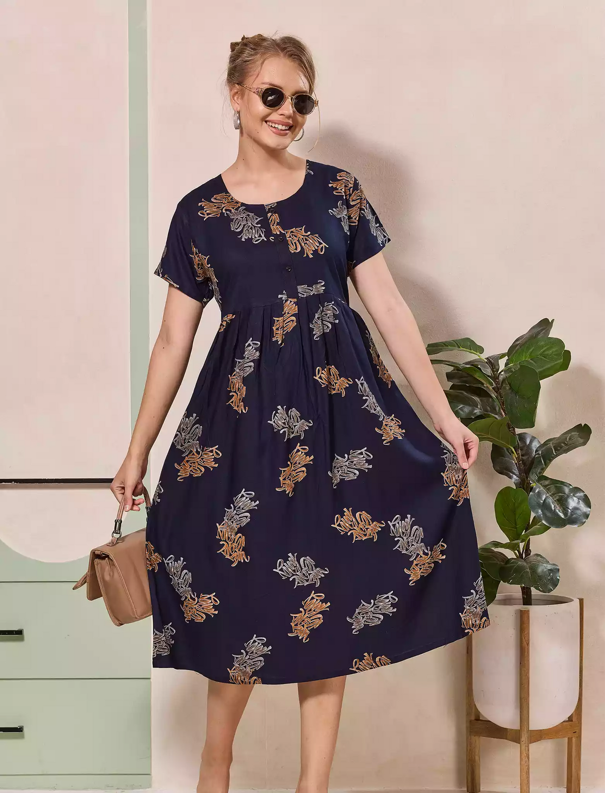 Floral Motif Print Half Sleeve Floral Maxi Button Style | Mangai Nighties