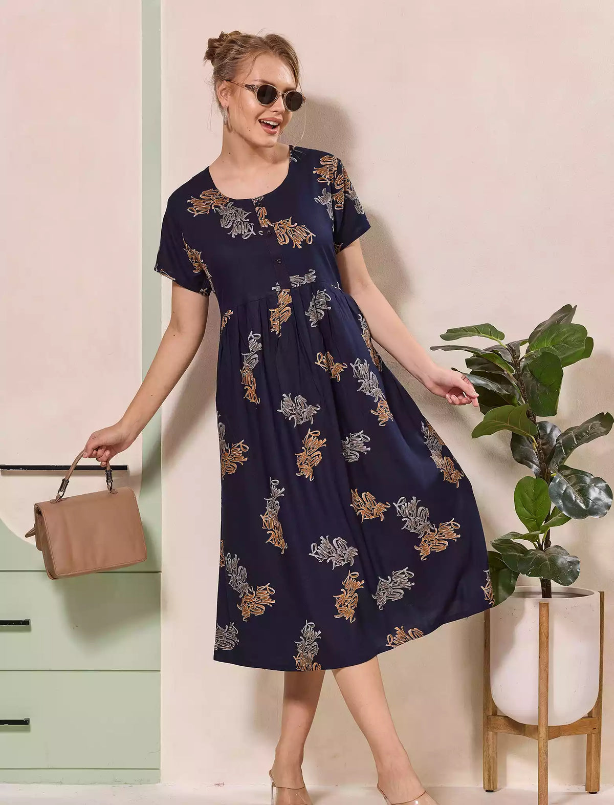 Floral Motif Print Half Sleeve Floral Maxi Button Style | Mangai Nighties