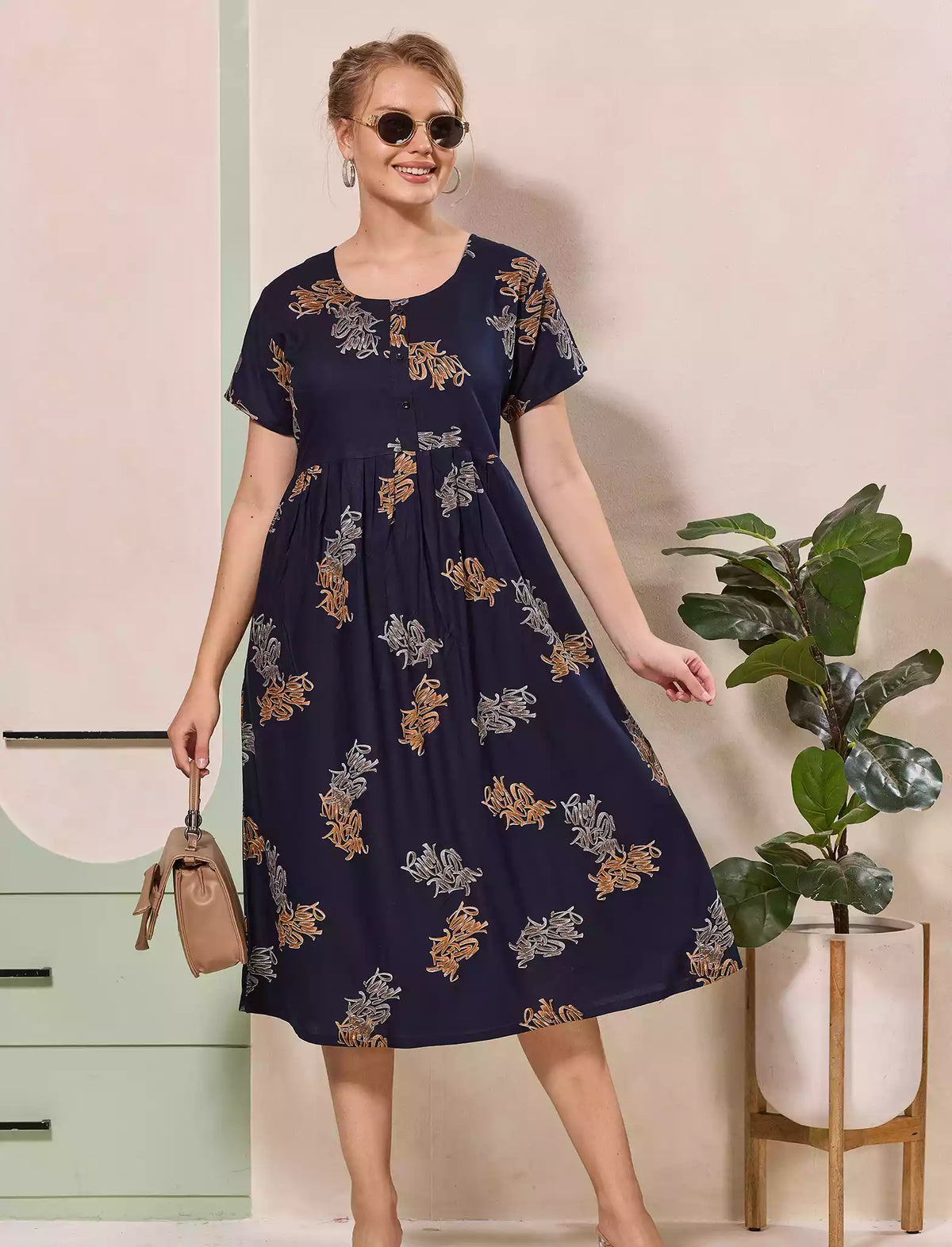 Floral Motif Print Half Sleeve Floral Maxi Button Style | Mangai Nighties