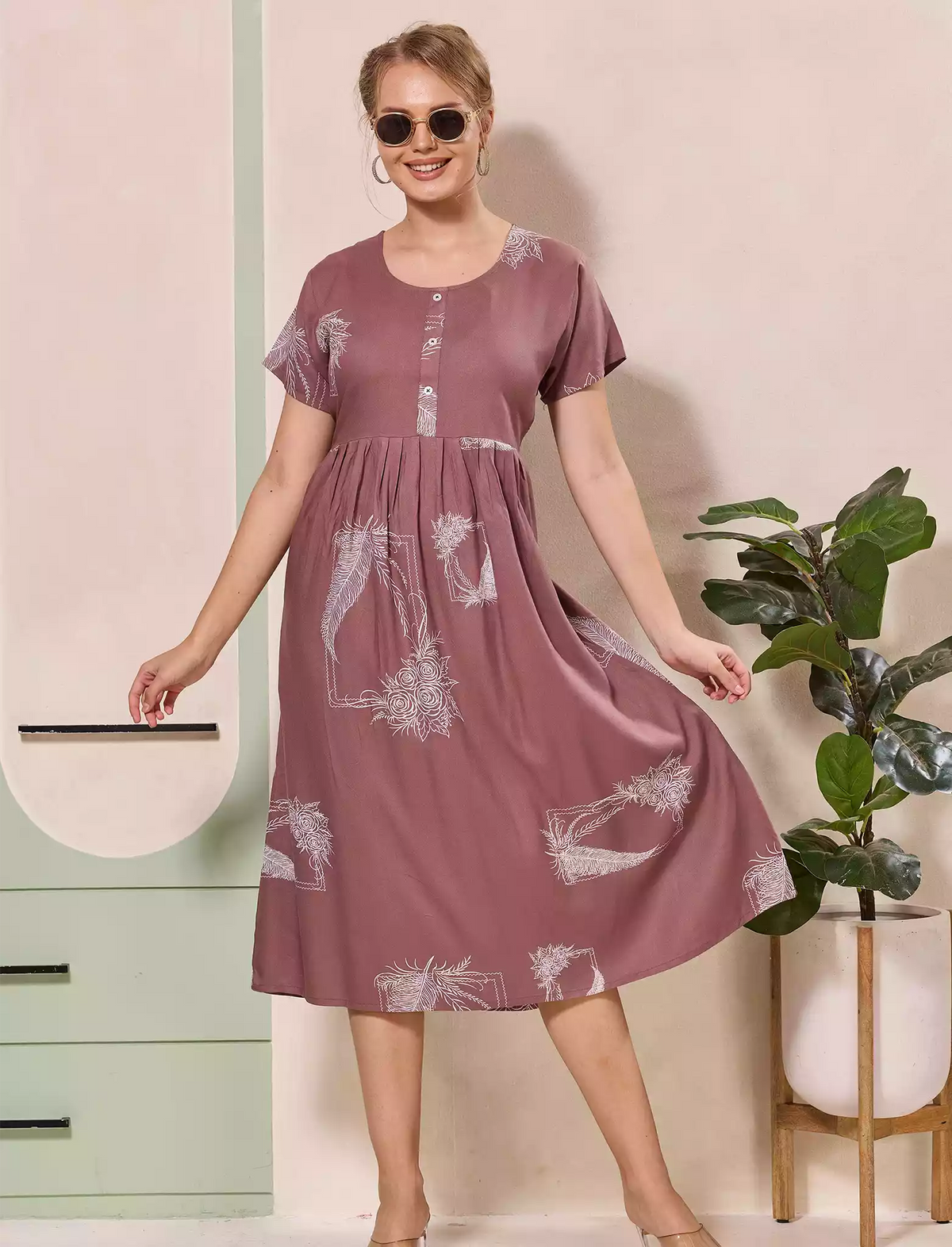 Floral Leaf Print Regular Sleeve Flared Maxi Casual Style | Mangai Nighties