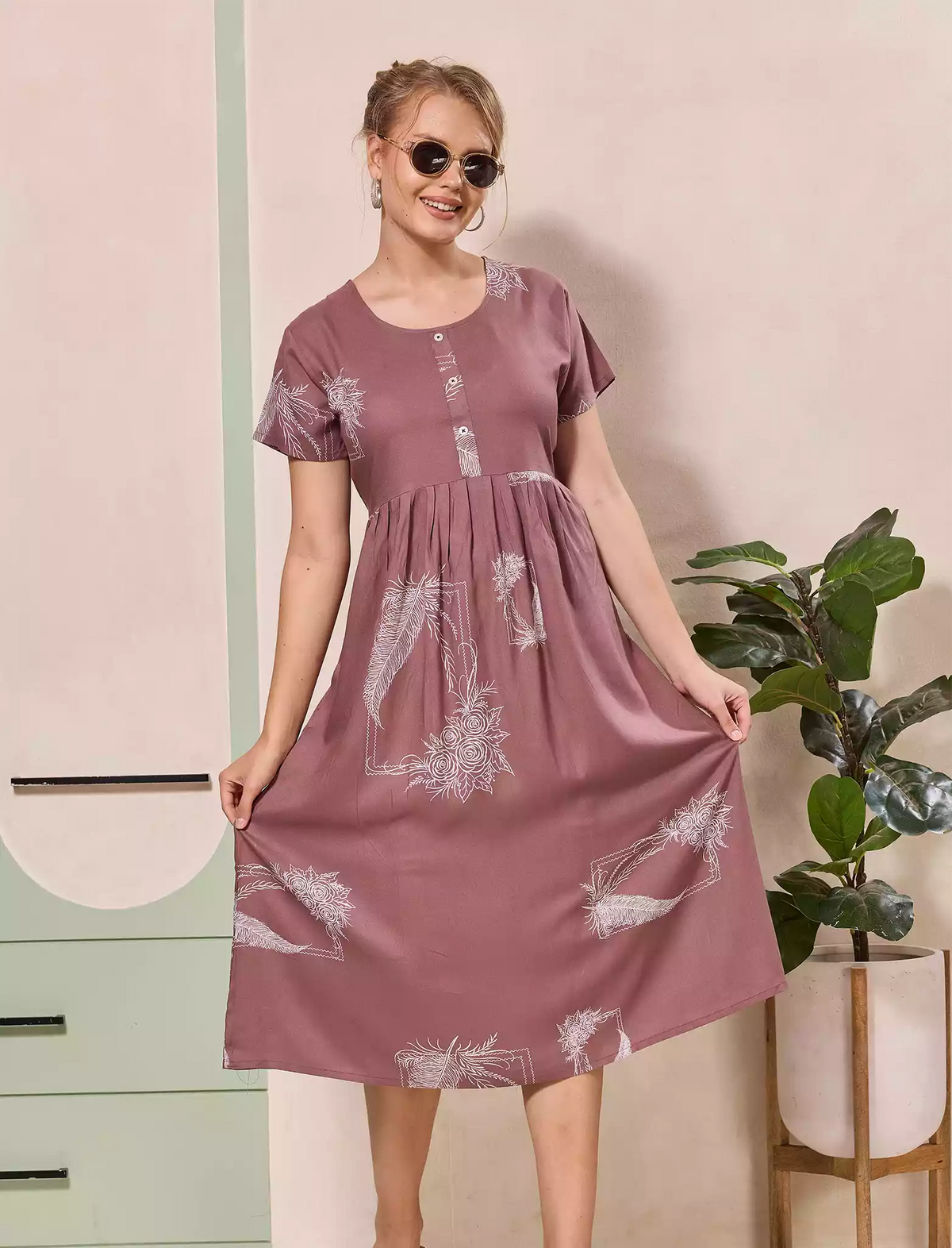 Floral Leaf Print Regular Sleeve Flared Maxi Casual Style | Mangai Nighties