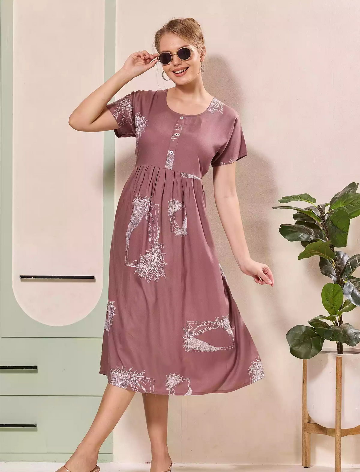 Floral Leaf Print Regular Sleeve Flared Maxi Casual Style | Mangai Nighties