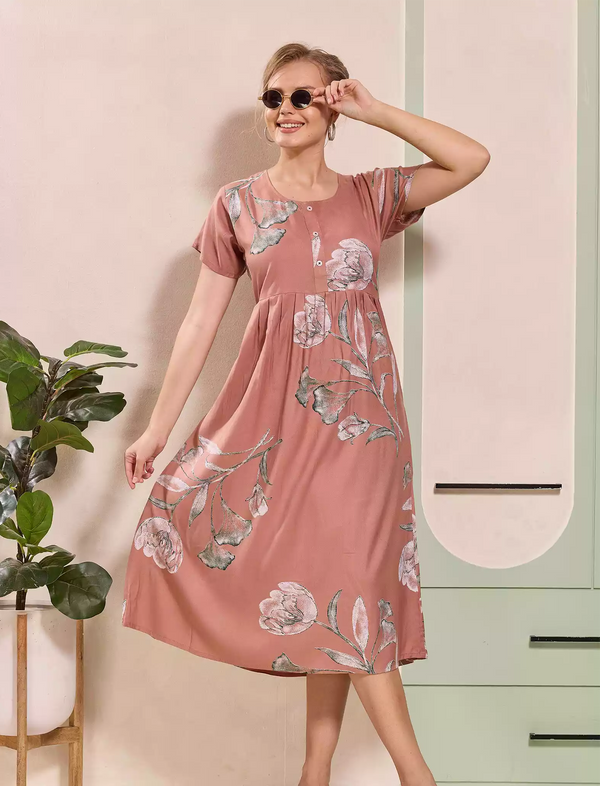 Floral Print Regular Sleeve Button Maxi Styling with Pocket | Mangai Nighties