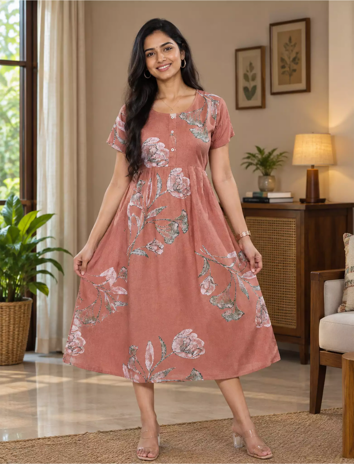 Floral Print Regular Sleeve Button Maxi Styling with Pocket | Mangai Nighties