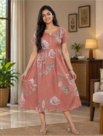 Floral Print Regular Sleeve Button Maxi Styling with Pocket | Mangai Nighties