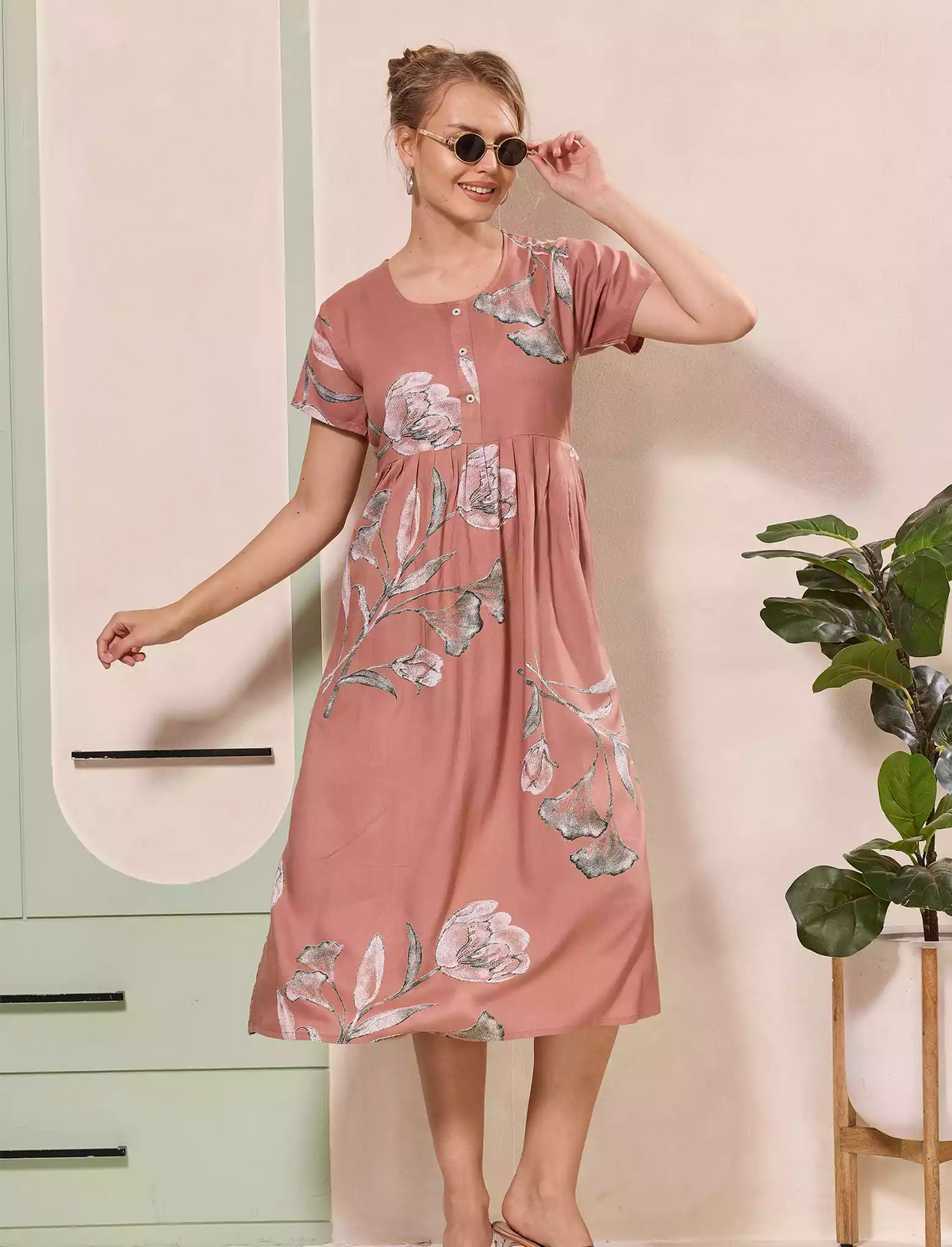 Floral Print Regular Sleeve Button Maxi Styling with Pocket | Mangai Nighties