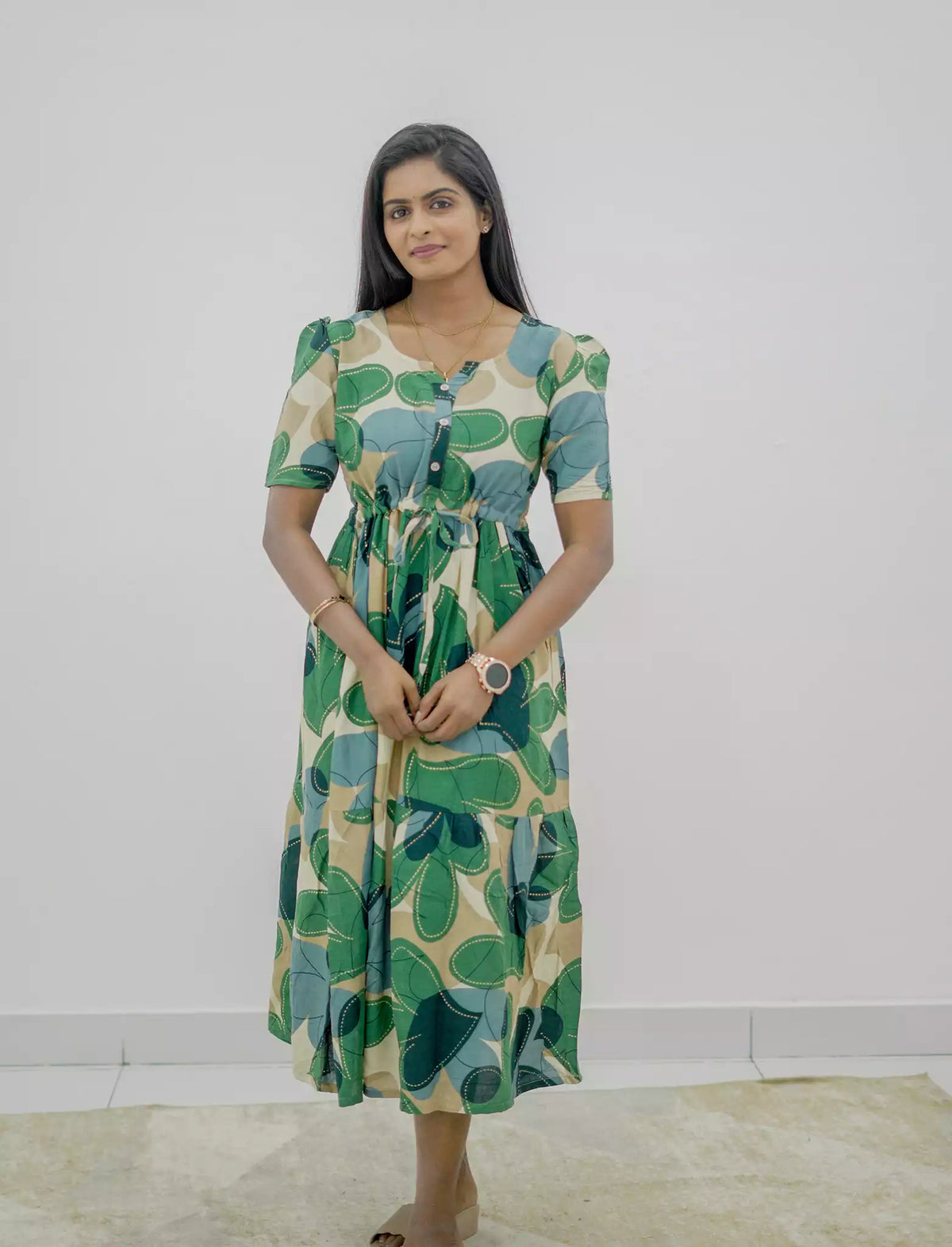 Rayon Puff Sleeve Foil Print Maxi Frock with Front Tie | Mangai Nighties