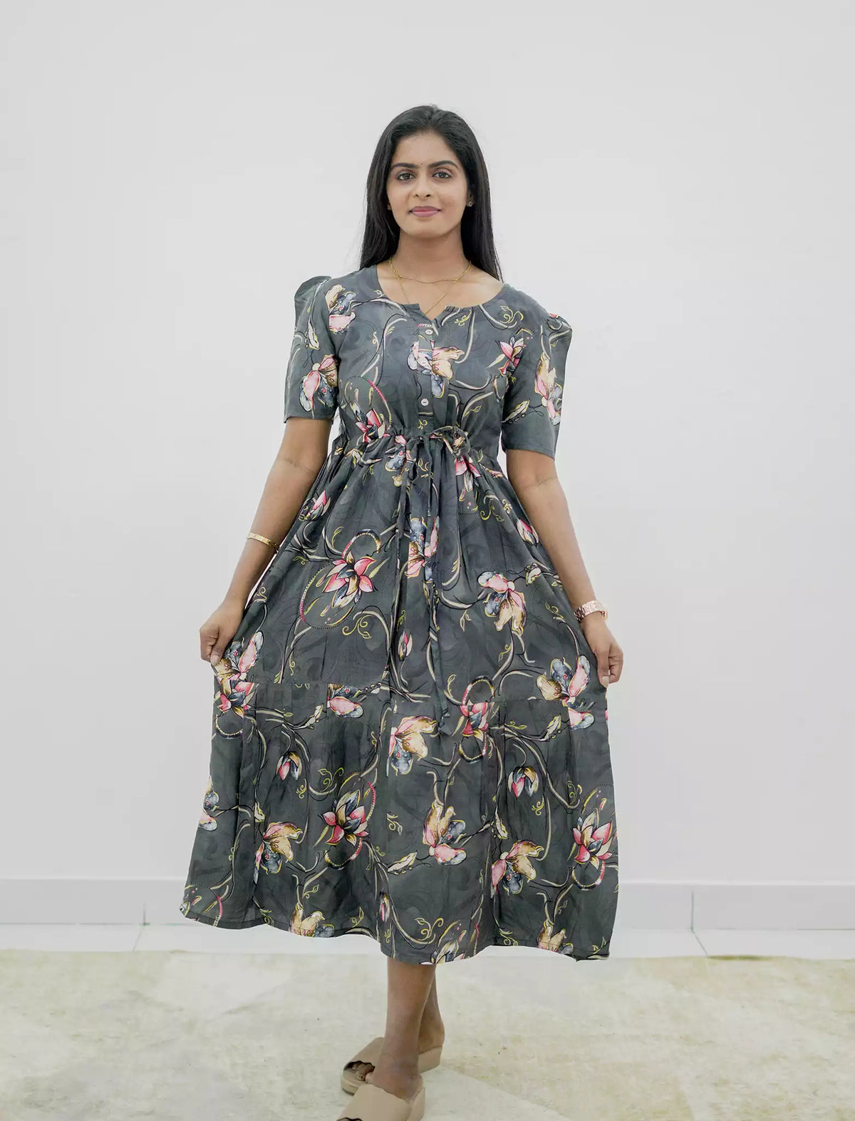 Rayon Floral Print Puff Sleeve Foil Gathering Maxi Frock | Mangai Nighties