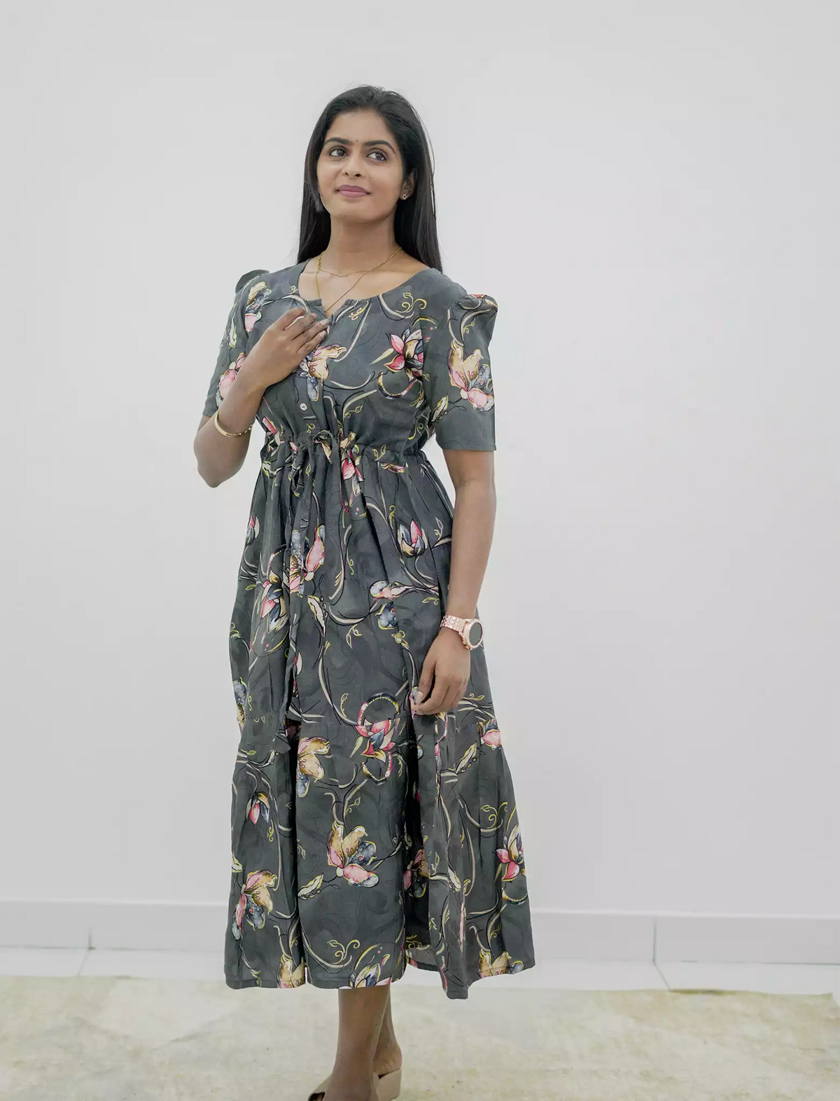 Rayon Floral Print Puff Sleeve Foil Gathering Maxi Frock | Mangai Nighties