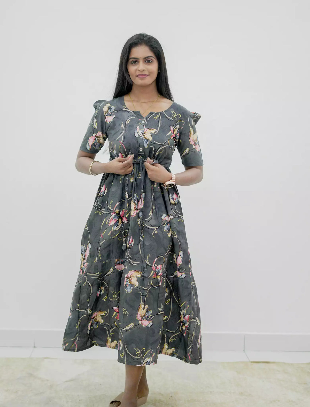 Rayon Floral Print Puff Sleeve Foil Gathering Maxi Frock | Mangai Nighties