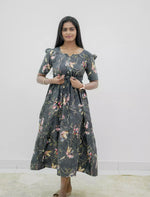 Rayon Floral Print Puff Sleeve Foil Gathering Maxi Frock | Mangai Nighties