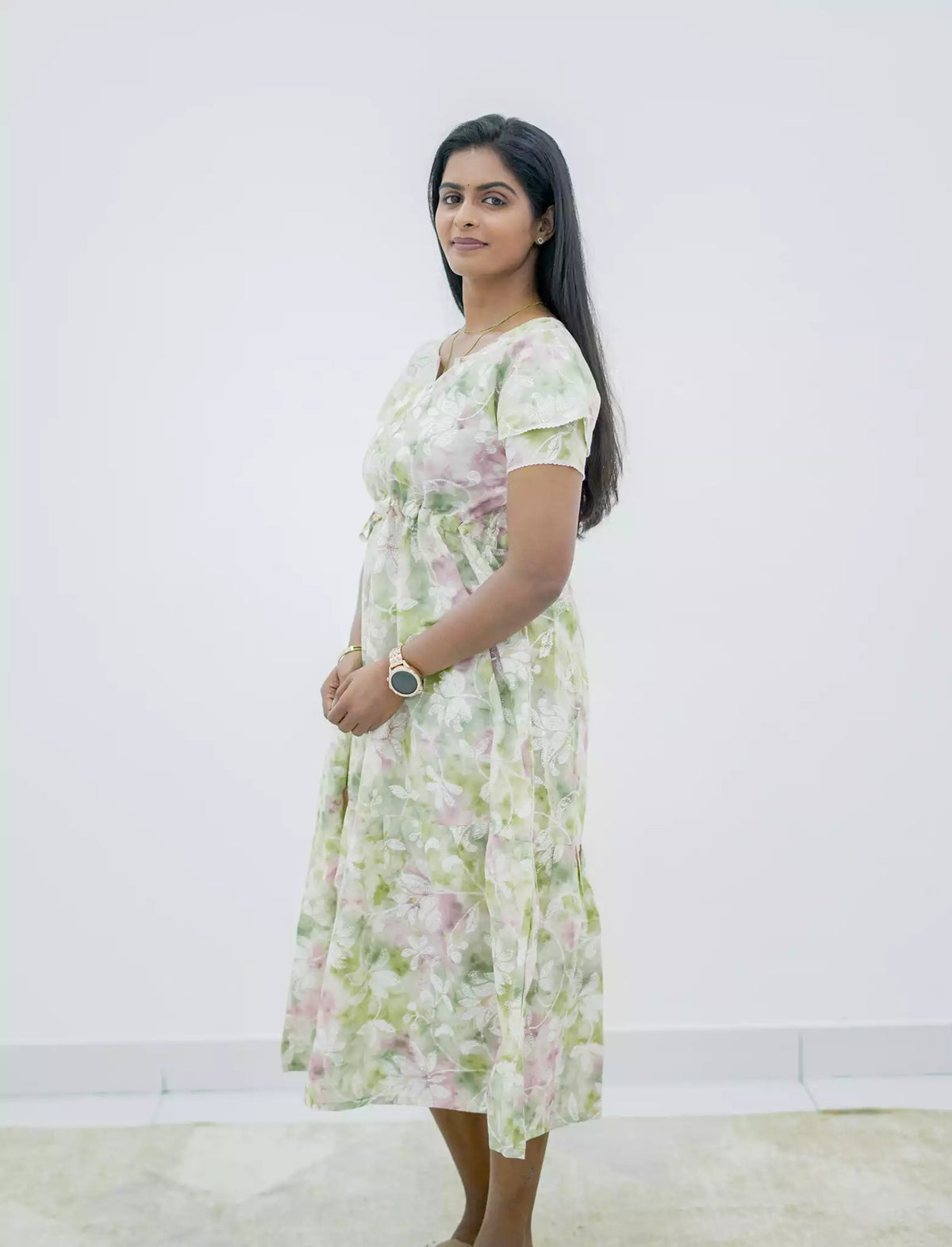 Rayon Floral Foil Print Double Layer Sleeve Maxi Frock | Mangai Nighties