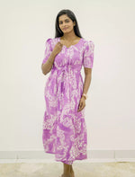 Rayon Paisley Print Puff Sleeve Gathering Maxi Frock with Side Pocket | Mangai Nighties