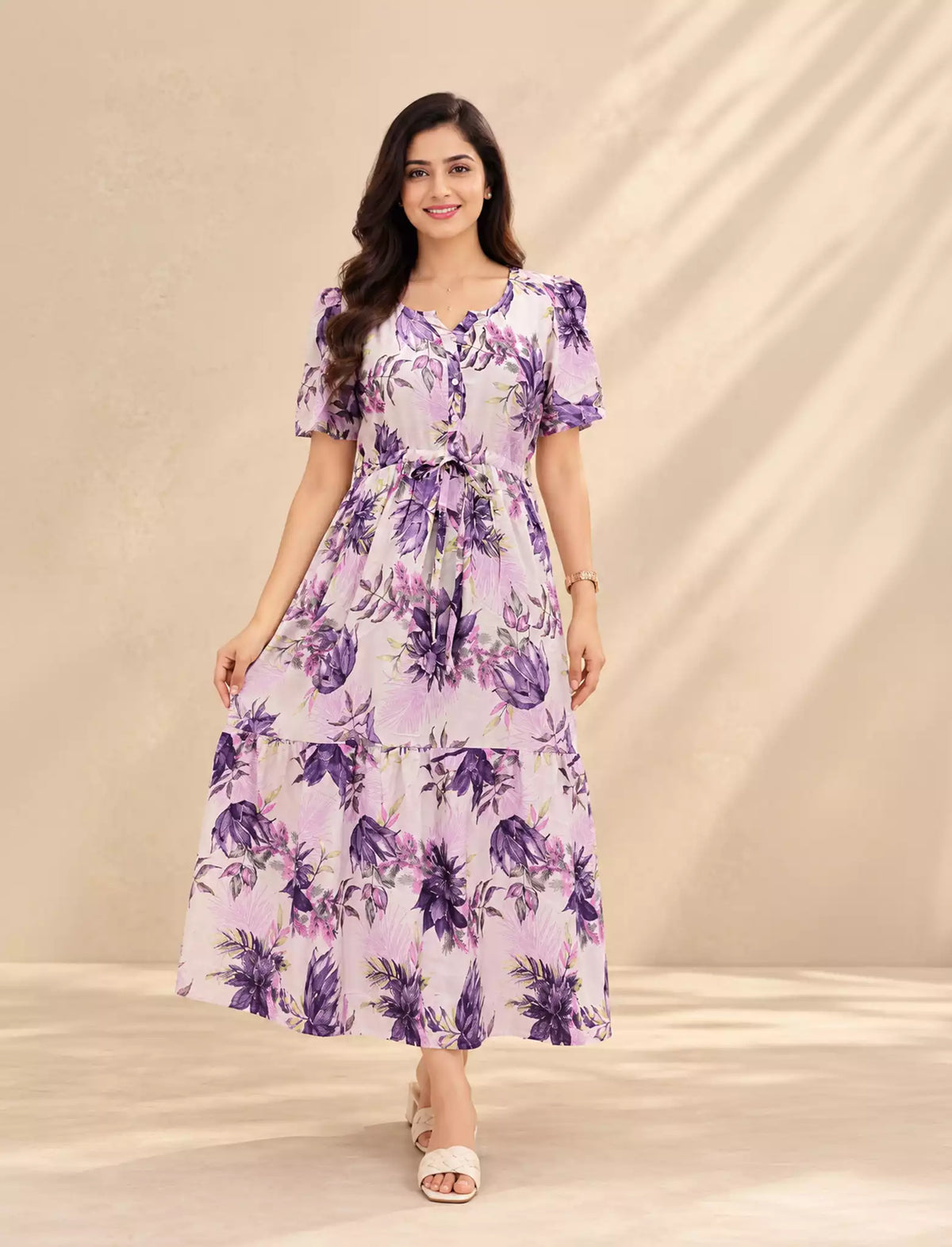 Rayon Floral Puff Sleeve Maxi Frock with Front Tie | Mangai Nighties