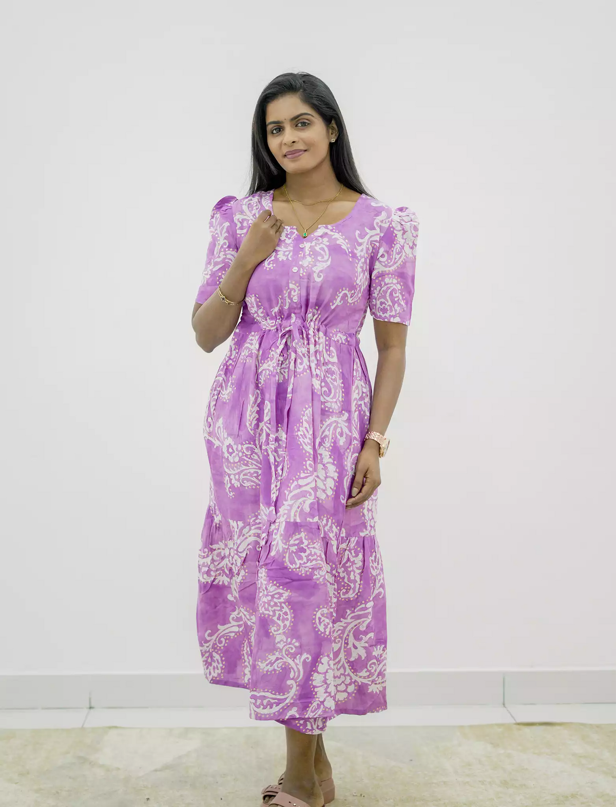 Rayon Paisley Print Puff Sleeve Gathering Maxi Frock with Side Pocket | Mangai Nighties