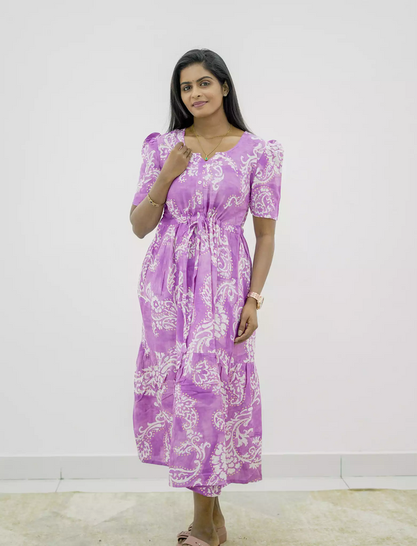 Rayon Paisley Print Puff Sleeve Gathering Maxi Frock with Side Pocket | Mangai Nighties