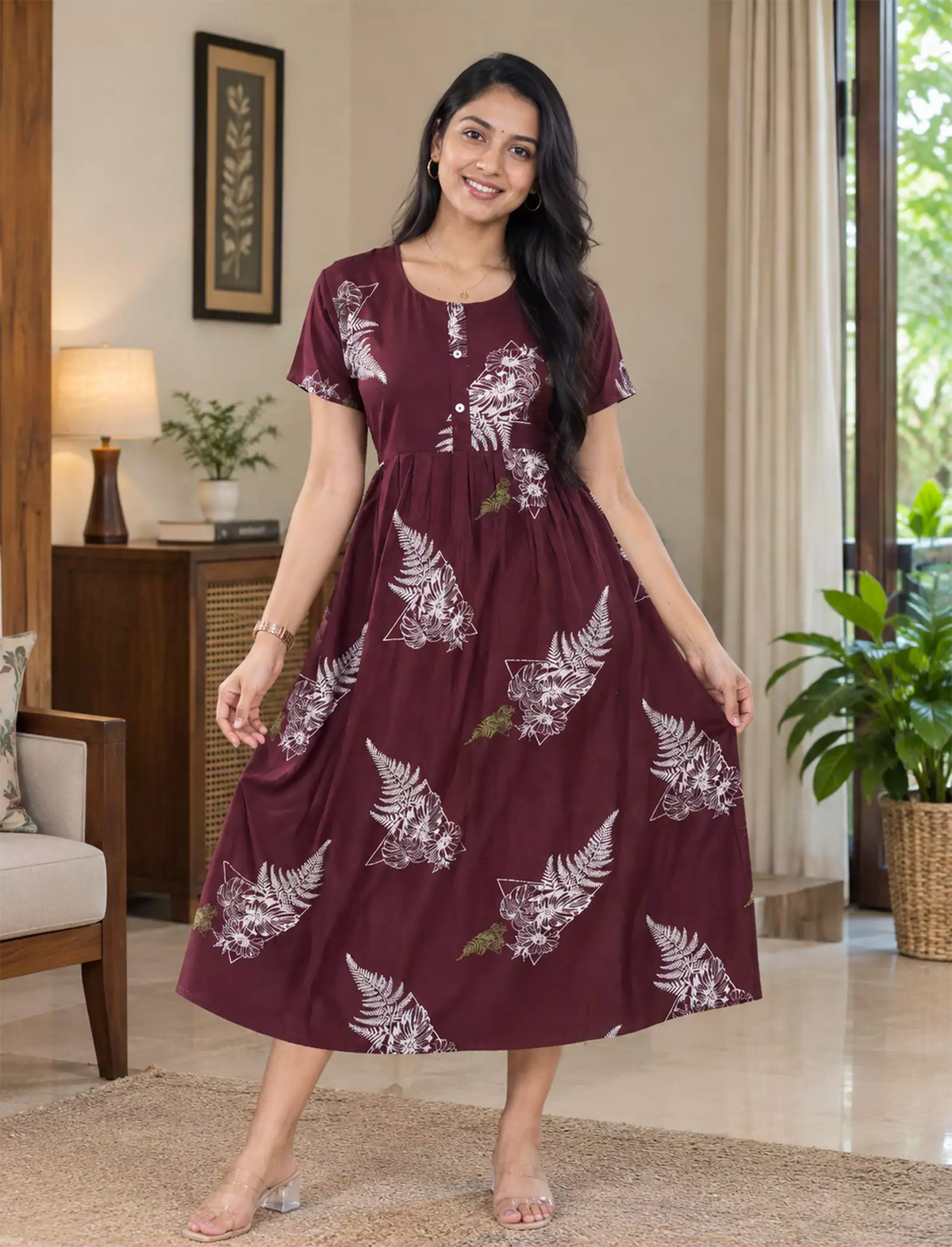 Floral Printed Regular Sleeve Button Front Maxi with Pocket | Mangai Nighties