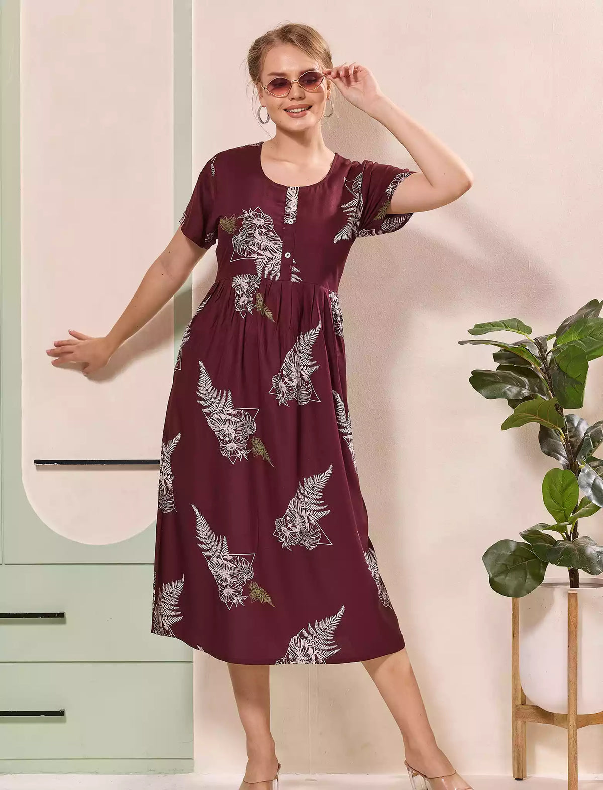 Floral Printed Regular Sleeve Button Front Maxi with Pocket | Mangai Nighties