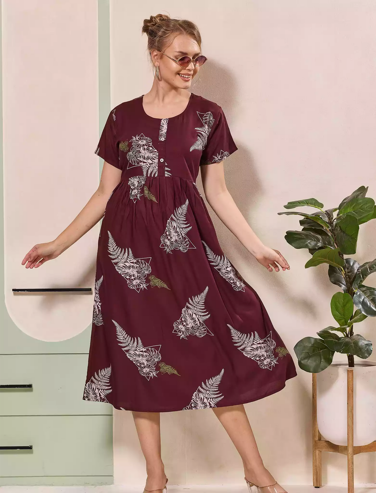 Floral Printed Regular Sleeve Button Front Maxi with Pocket | Mangai Nighties