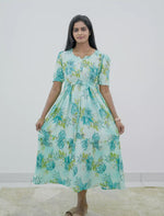 Rayon Floral Puff Sleeve Maxi Frock with Front Tie | Mangai Nighties