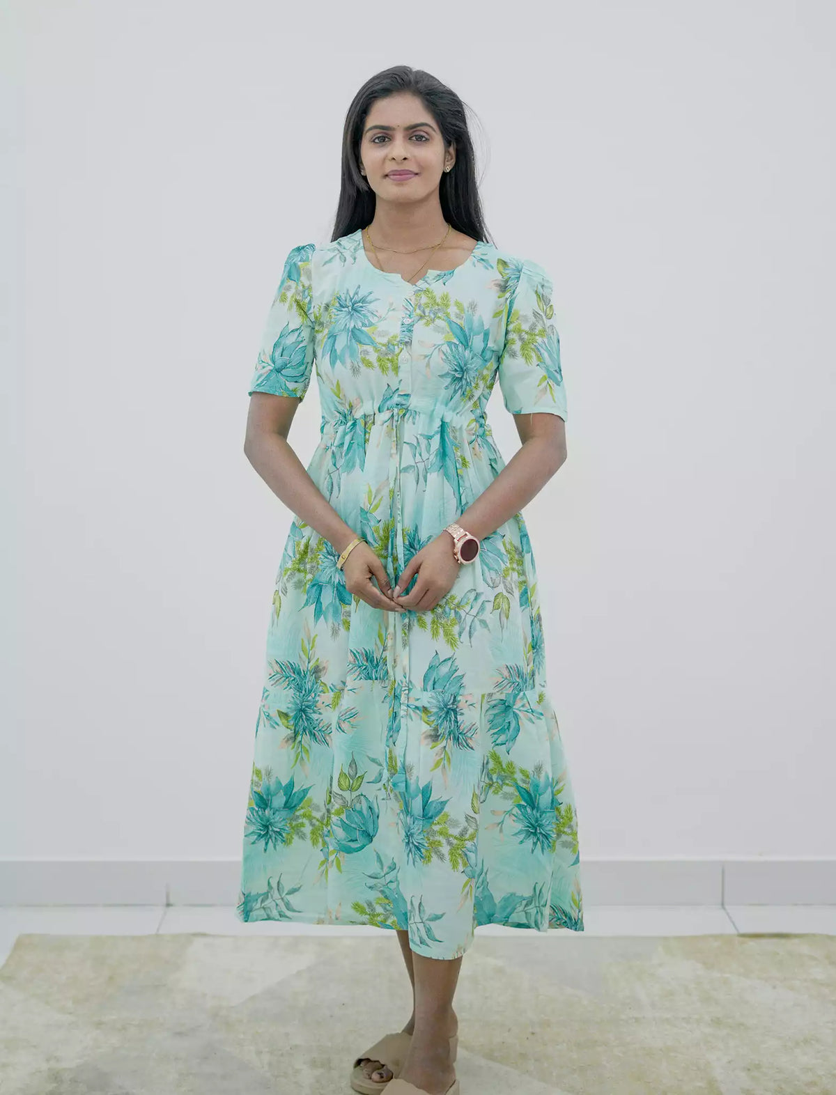 Rayon Floral Puff Sleeve Maxi Frock with Front Tie | Mangai Nighties
