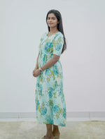 Rayon Floral Puff Sleeve Maxi Frock with Front Tie | Mangai Nighties