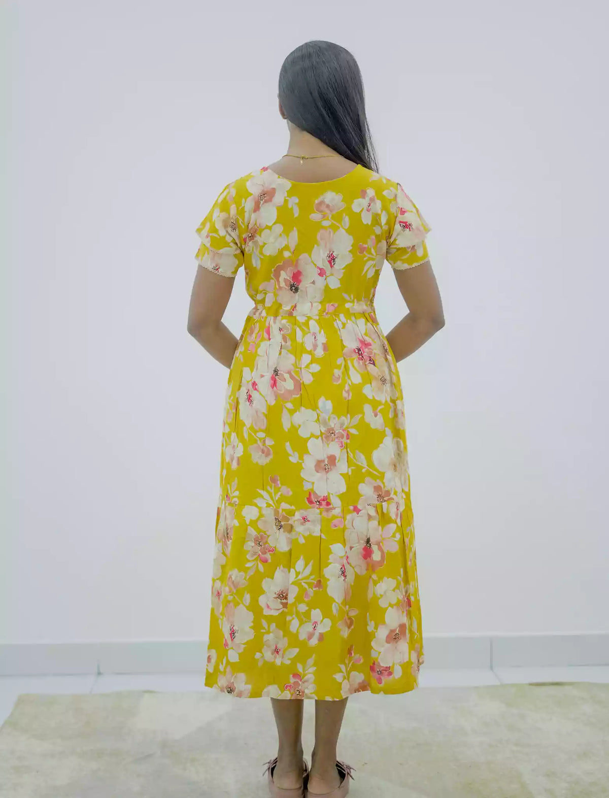 Rayon Floral Foil Print Double Layer Sleeve Maxi with Side Pocket | Mangai Nighties