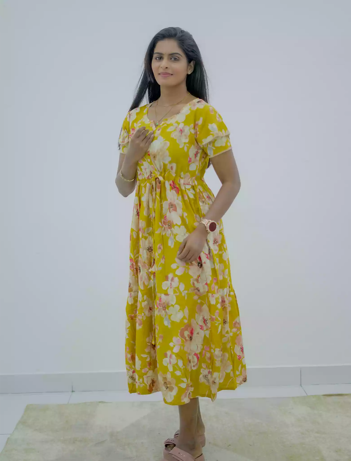 Rayon Floral Foil Print Double Layer Sleeve Maxi with Side Pocket | Mangai Nighties