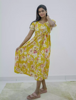 Rayon Floral Foil Print Double Layer Sleeve Maxi with Side Pocket | Mangai Nighties