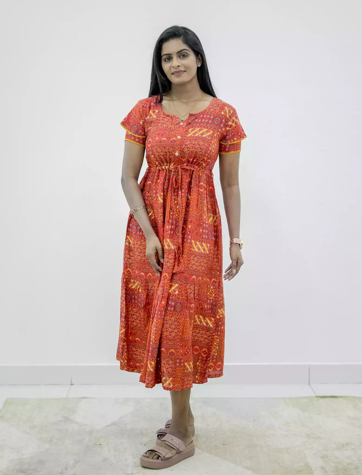 Rayon Foil Print Double Layer Sleeve Maxi with Front Tie | Mangai Nighties