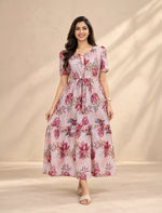 Rayon Floral Puff Sleeve Maxi Frock with Front Tie | Mangai Nighties