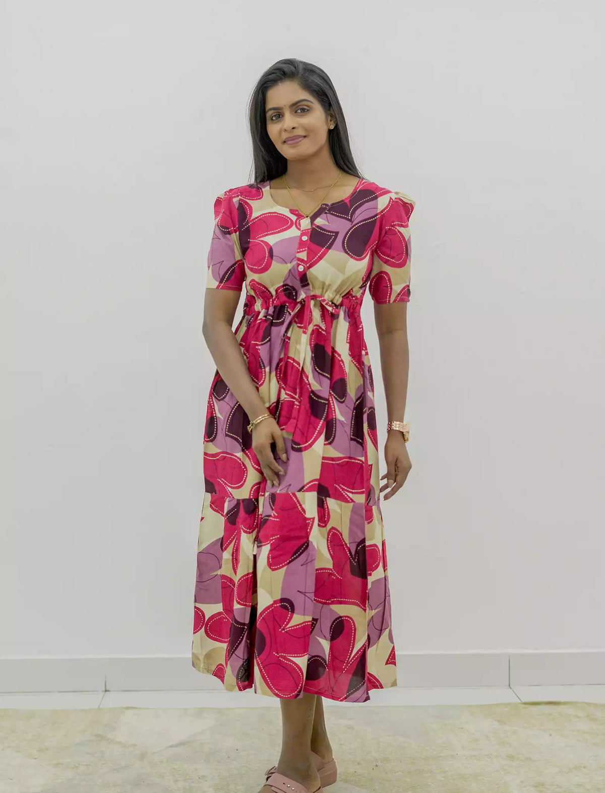 Rayon Puff Sleeve Foil Print Maxi Frock with Front Tie | Mangai Nighties