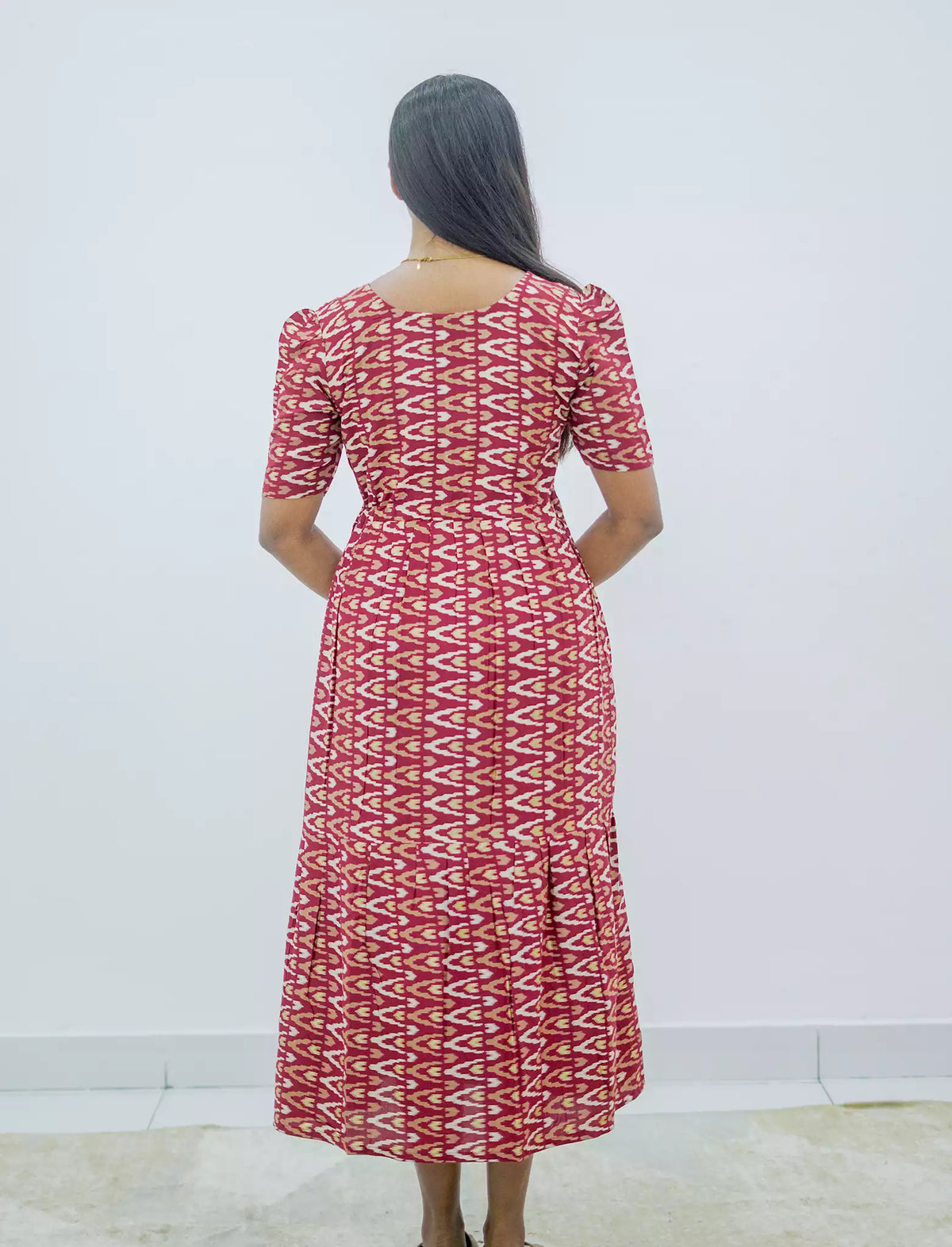 Rayon Foil Print Puff Sleeve Front Tie Gathering Maxi Frock | Mangai Nighties